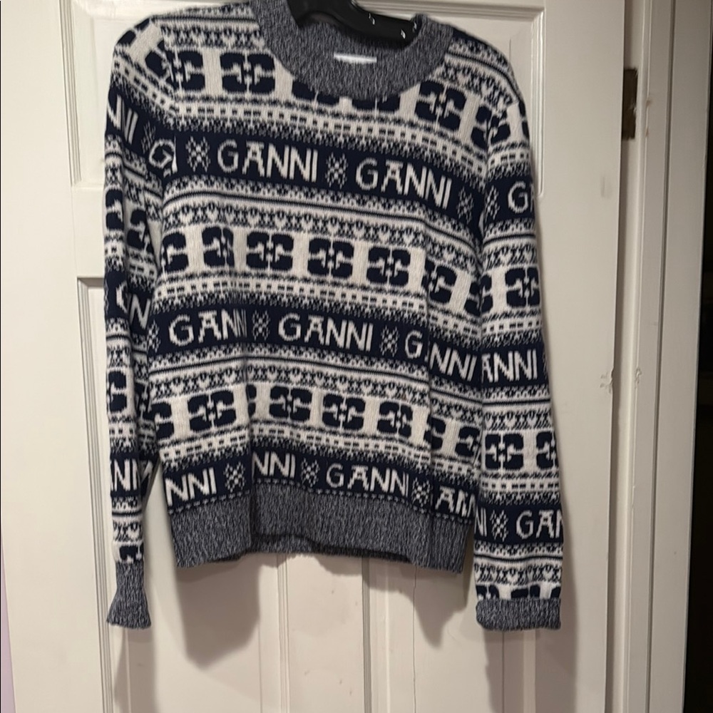 GANNI Blue and White Patterned Sweater